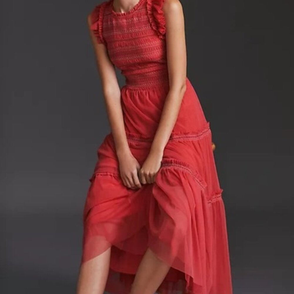 Anthropologie Smocked Ruffle Tiered Tulle Midi Red Pink Dress